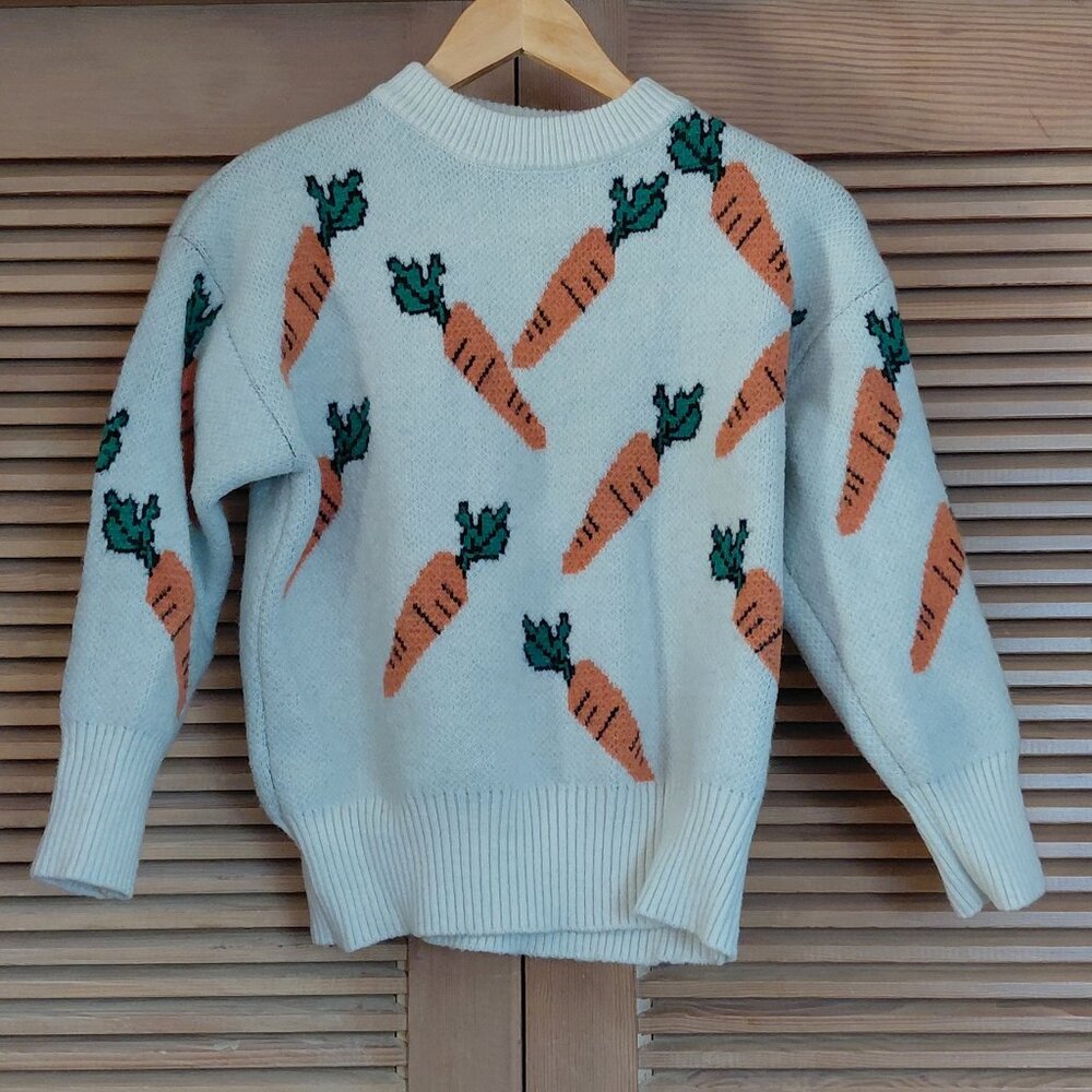 Vintage Style Novelty White Carrot Thick Knit Sweater Cropped Long Sleeve Size S